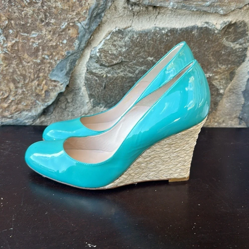 L.K. Bennett London Teal Patent Leather Woven Jute Wedge Heels – Size 38